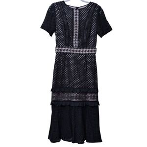 NWT True Decadence All-over Frill Lace Overlay black Tiered midi dress size 12